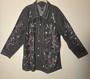 Denim & Co Floral Embroidered Denim Jean Jacket Blazer Button Mid Length Sz 1X